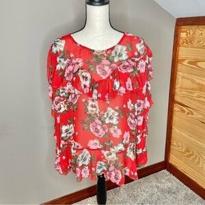 Umgee Red Floral Sheer Ruffle Long Sleeve Top Blouse Medium NWT